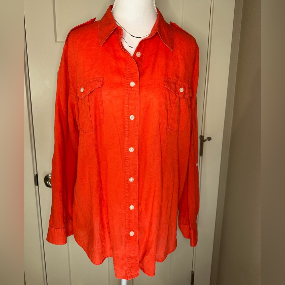 Chico’s Red‎ Linen Blend Button Front Shirt Size 2